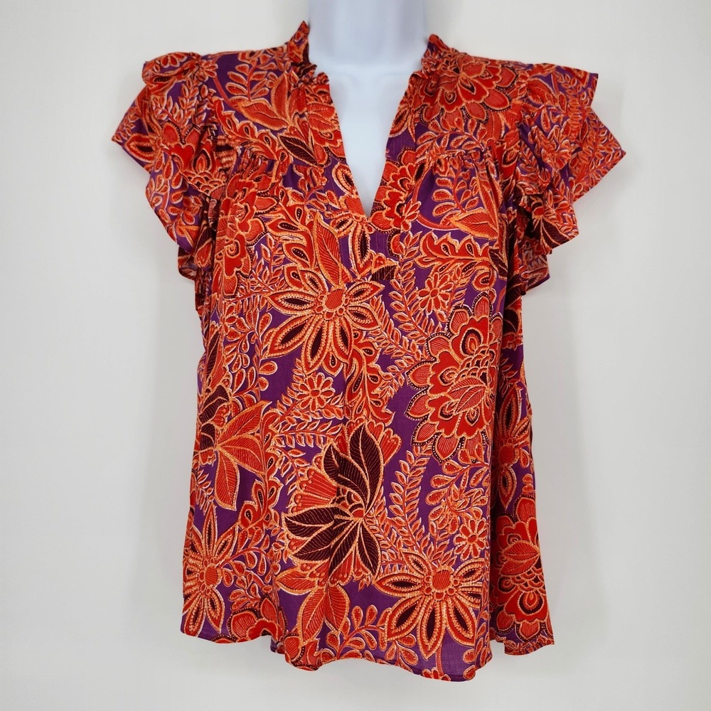 Rose + Olive Purple Orange Tropical Floral Top Women Small Boho Colorful Summer